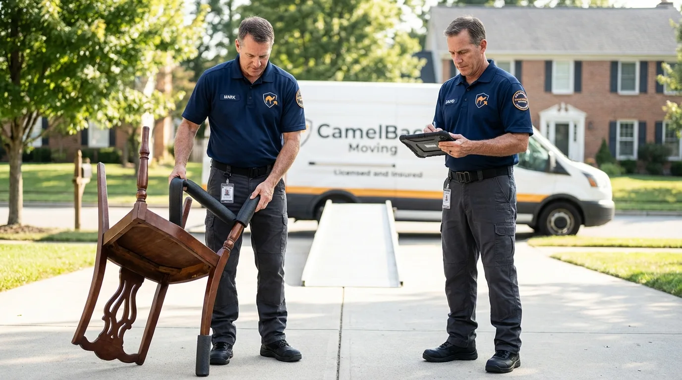 Movers inspecting furniture for damage prevention before loading in Alto, TX